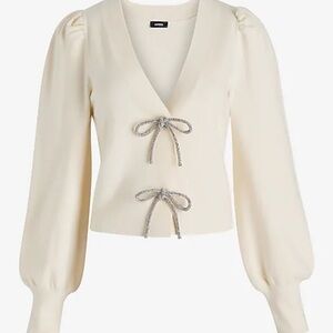Express Cream Sweater with Rhinestone Bow Accents